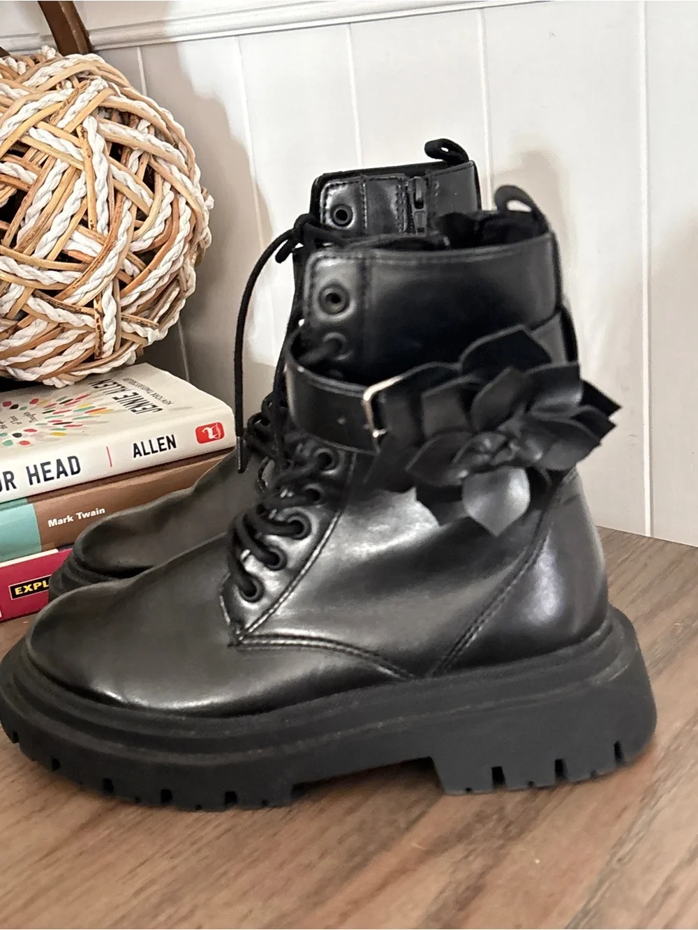 Zara Kids Black Floral Chunky Combat Boots Girl US Size 1 or EU 32